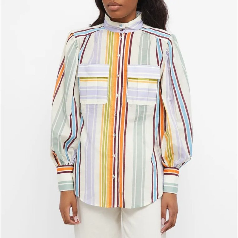 Alemais Axum Shirt Button Up‎ Balloon Sleeve Organic Cotton Striped Size 10